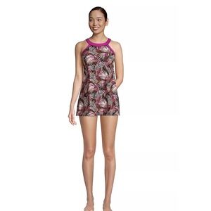 Lands End Womens Sz 2 Swim Dress Tropical Leaf High Neck Chlorine Resistant